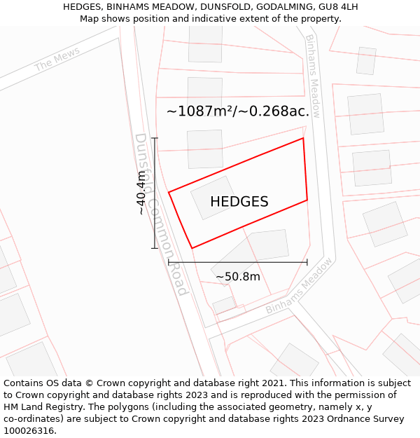 HEDGES, BINHAMS MEADOW, DUNSFOLD, GODALMING, GU8 4LH: Plot and title map