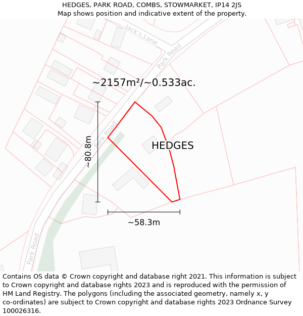 HEDGES, PARK ROAD, COMBS, STOWMARKET, IP14 2JS: Plot and title map