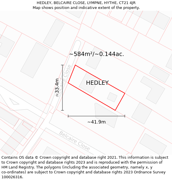 HEDLEY, BELCAIRE CLOSE, LYMPNE, HYTHE, CT21 4JR: Plot and title map