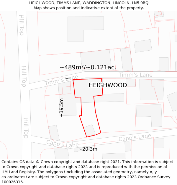 HEIGHWOOD, TIMMS LANE, WADDINGTON, LINCOLN, LN5 9RQ: Plot and title map