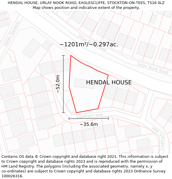 HENDAL HOUSE, URLAY NOOK ROAD, EAGLESCLIFFE, STOCKTON-ON-TEES, TS16 0LZ: Plot and title map