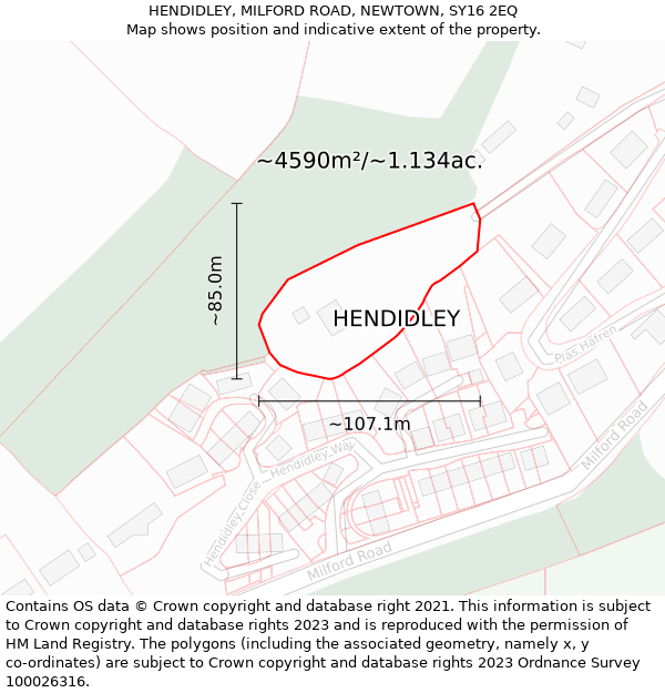 HENDIDLEY, MILFORD ROAD, NEWTOWN, SY16 2EQ: Plot and title map