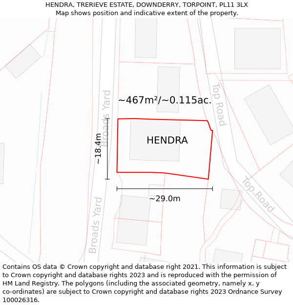 HENDRA, TRERIEVE ESTATE, DOWNDERRY, TORPOINT, PL11 3LX: Plot and title map