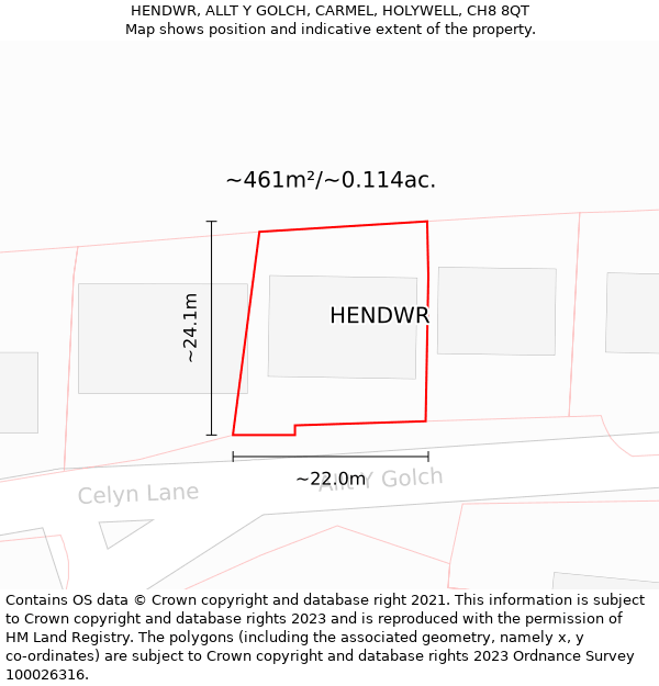 HENDWR, ALLT Y GOLCH, CARMEL, HOLYWELL, CH8 8QT: Plot and title map