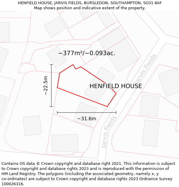 HENFIELD HOUSE, JARVIS FIELDS, BURSLEDON, SOUTHAMPTON, SO31 8AF: Plot and title map