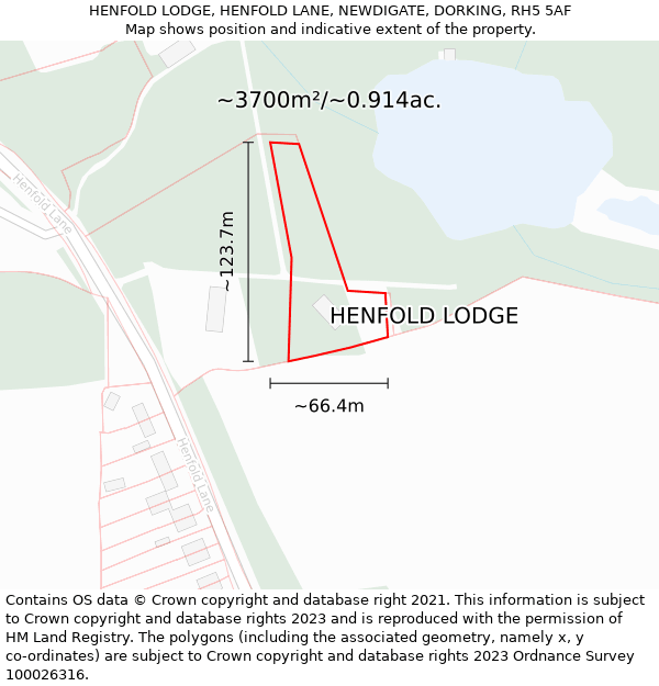 HENFOLD LODGE, HENFOLD LANE, NEWDIGATE, DORKING, RH5 5AF: Plot and title map