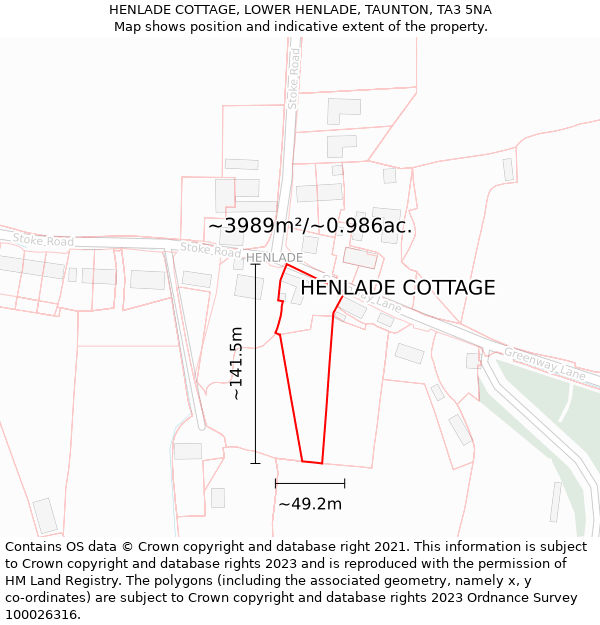HENLADE COTTAGE, LOWER HENLADE, TAUNTON, TA3 5NA: Plot and title map