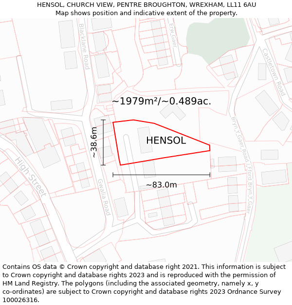 HENSOL, CHURCH VIEW, PENTRE BROUGHTON, WREXHAM, LL11 6AU: Plot and title map