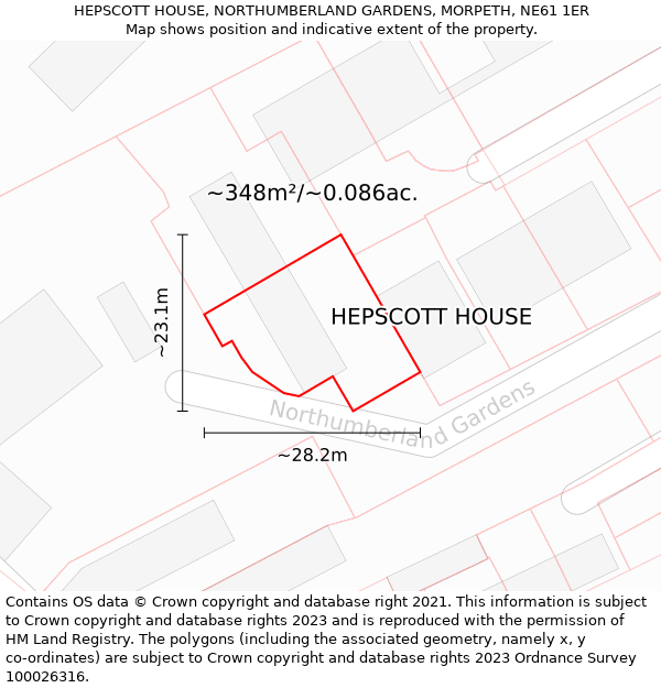 HEPSCOTT HOUSE, NORTHUMBERLAND GARDENS, MORPETH, NE61 1ER: Plot and title map