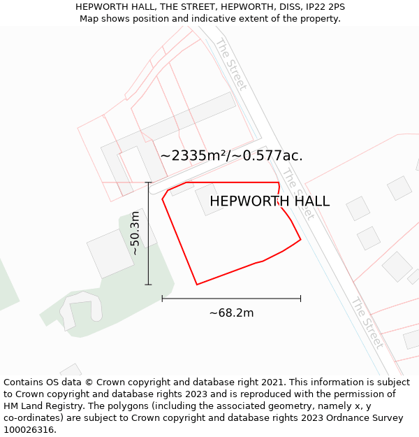 HEPWORTH HALL, THE STREET, HEPWORTH, DISS, IP22 2PS: Plot and title map