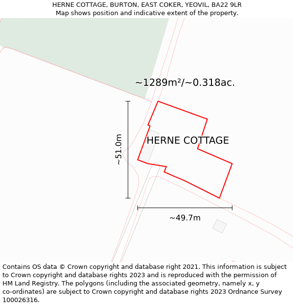HERNE COTTAGE, BURTON, EAST COKER, YEOVIL, BA22 9LR: Plot and title map