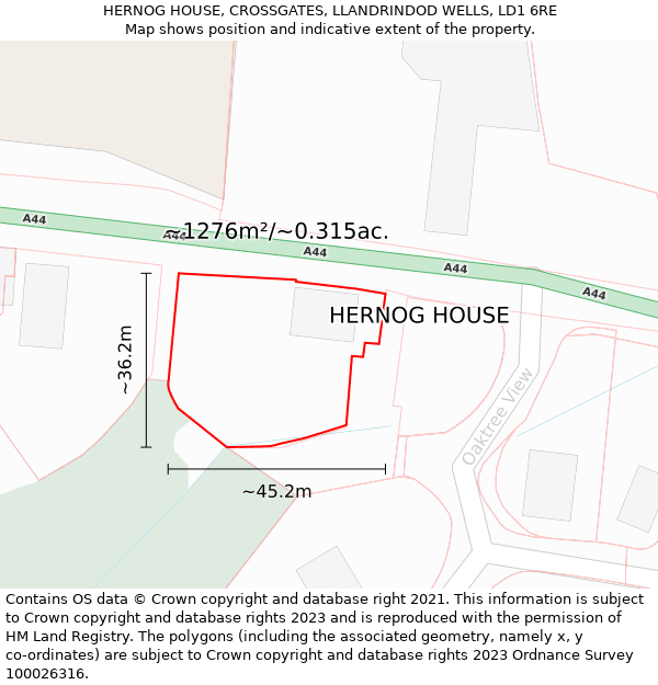 HERNOG HOUSE, CROSSGATES, LLANDRINDOD WELLS, LD1 6RE: Plot and title map