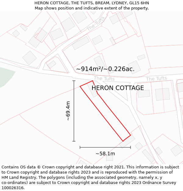 HERON COTTAGE, THE TUFTS, BREAM, LYDNEY, GL15 6HN: Plot and title map