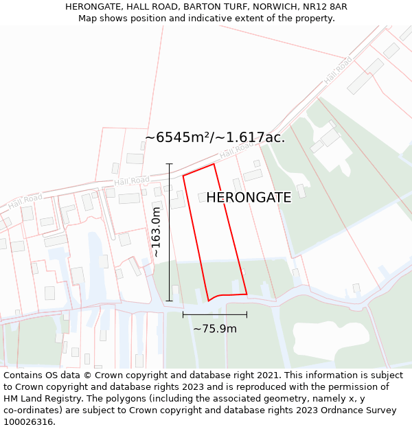 HERONGATE, HALL ROAD, BARTON TURF, NORWICH, NR12 8AR: Plot and title map