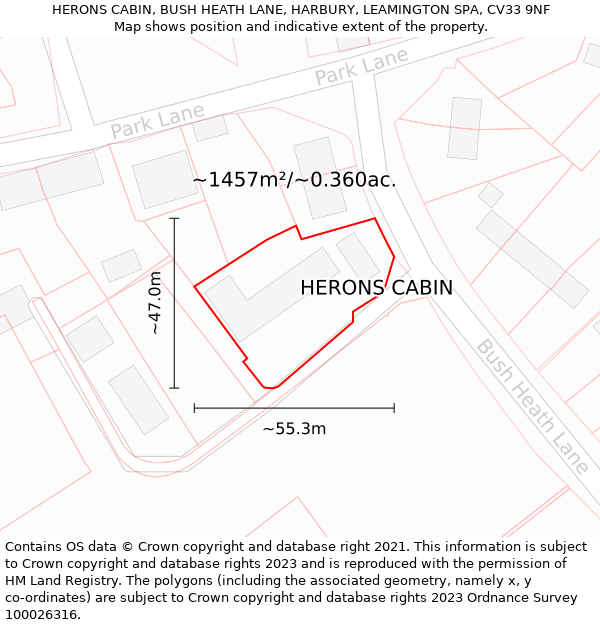 HERONS CABIN, BUSH HEATH LANE, HARBURY, LEAMINGTON SPA, CV33 9NF: Plot and title map