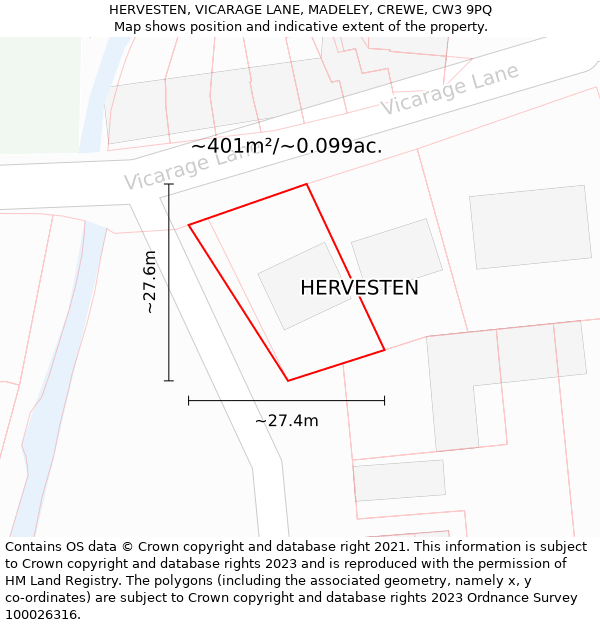 HERVESTEN, VICARAGE LANE, MADELEY, CREWE, CW3 9PQ: Plot and title map