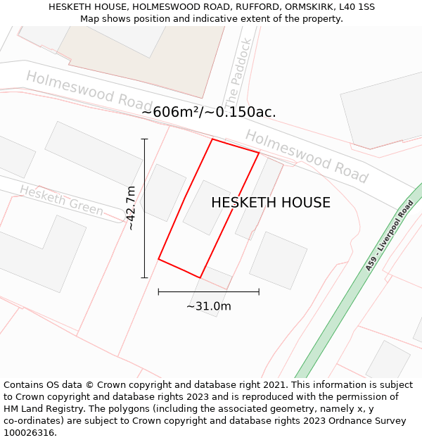 HESKETH HOUSE, HOLMESWOOD ROAD, RUFFORD, ORMSKIRK, L40 1SS: Plot and title map
