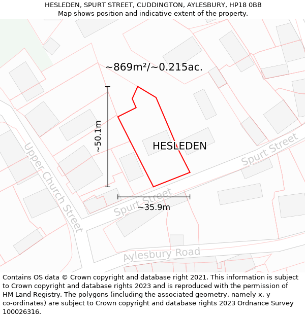 HESLEDEN, SPURT STREET, CUDDINGTON, AYLESBURY, HP18 0BB: Plot and title map