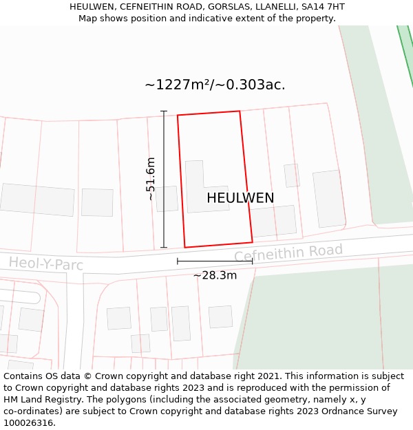 HEULWEN, CEFNEITHIN ROAD, GORSLAS, LLANELLI, SA14 7HT: Plot and title map