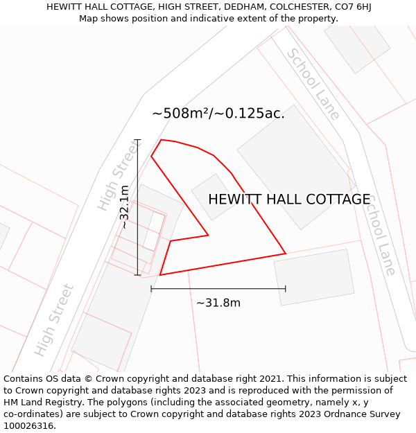 HEWITT HALL COTTAGE, HIGH STREET, DEDHAM, COLCHESTER, CO7 6HJ: Plot and title map