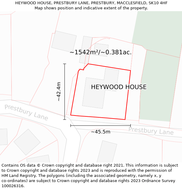 HEYWOOD HOUSE, PRESTBURY LANE, PRESTBURY, MACCLESFIELD, SK10 4HF: Plot and title map