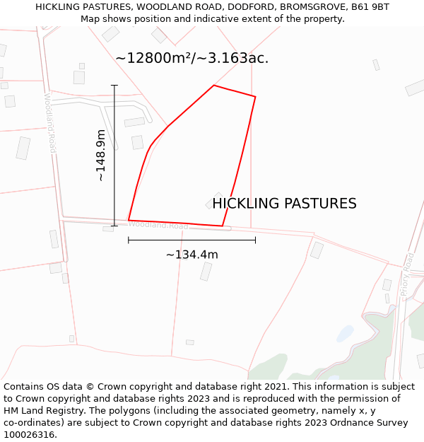 HICKLING PASTURES, WOODLAND ROAD, DODFORD, BROMSGROVE, B61 9BT: Plot and title map