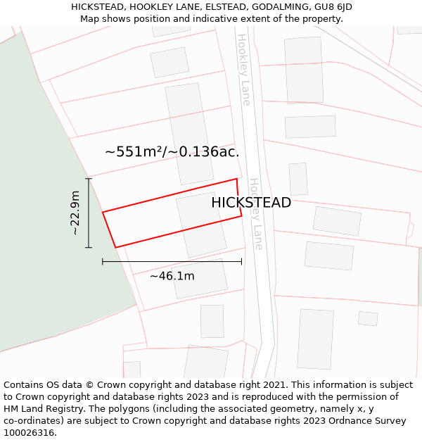 HICKSTEAD, HOOKLEY LANE, ELSTEAD, GODALMING, GU8 6JD: Plot and title map