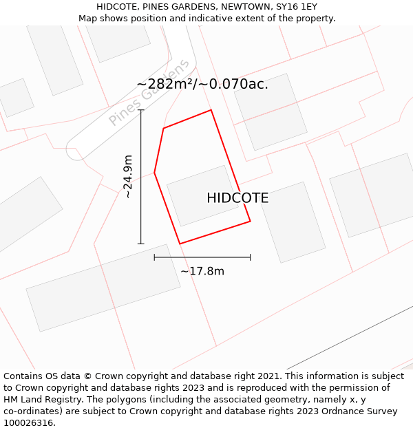 HIDCOTE, PINES GARDENS, NEWTOWN, SY16 1EY: Plot and title map