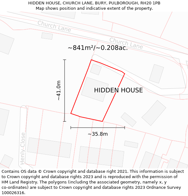 HIDDEN HOUSE, CHURCH LANE, BURY, PULBOROUGH, RH20 1PB: Plot and title map