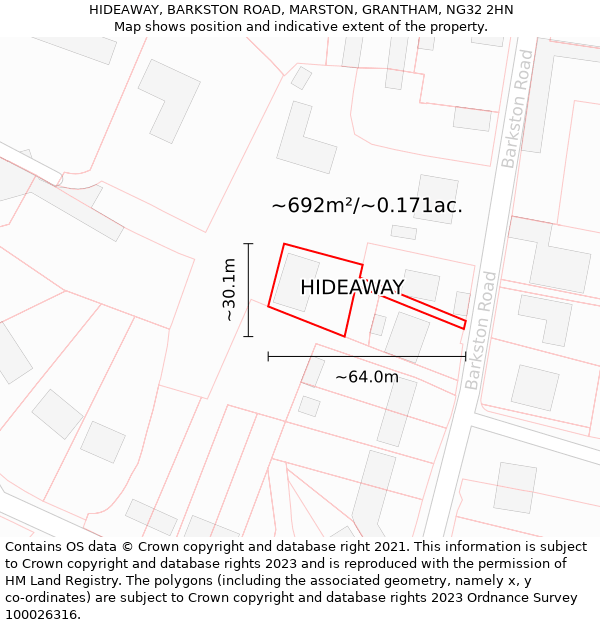 HIDEAWAY, BARKSTON ROAD, MARSTON, GRANTHAM, NG32 2HN: Plot and title map