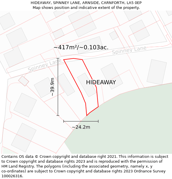 HIDEAWAY, SPINNEY LANE, ARNSIDE, CARNFORTH, LA5 0EP: Plot and title map