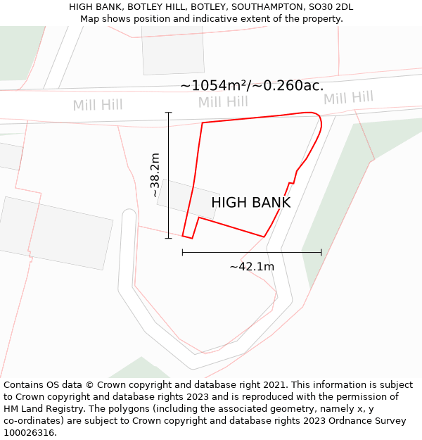 HIGH BANK, BOTLEY HILL, BOTLEY, SOUTHAMPTON, SO30 2DL: Plot and title map