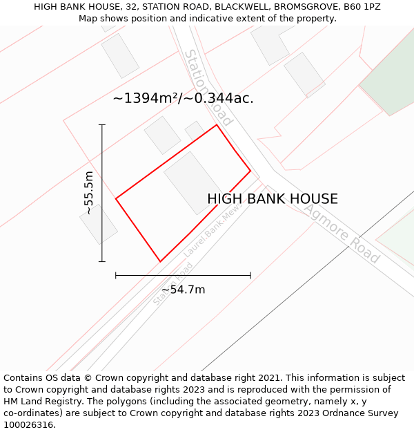 HIGH BANK HOUSE, 32, STATION ROAD, BLACKWELL, BROMSGROVE, B60 1PZ: Plot and title map