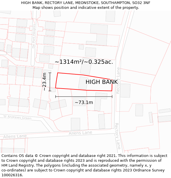 HIGH BANK, RECTORY LANE, MEONSTOKE, SOUTHAMPTON, SO32 3NF: Plot and title map