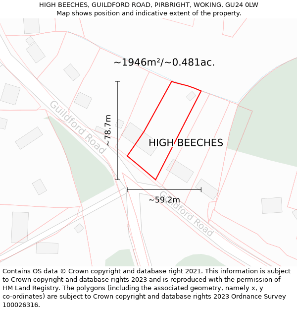 HIGH BEECHES, GUILDFORD ROAD, PIRBRIGHT, WOKING, GU24 0LW: Plot and title map