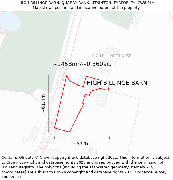 HIGH BILLINGE BARN, QUARRY BANK, UTKINTON, TARPORLEY, CW6 0LA: Plot and title map