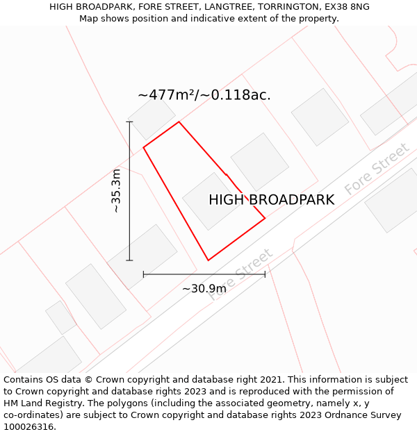 HIGH BROADPARK, FORE STREET, LANGTREE, TORRINGTON, EX38 8NG: Plot and title map