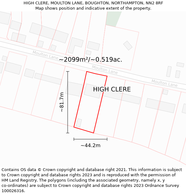 HIGH CLERE, MOULTON LANE, BOUGHTON, NORTHAMPTON, NN2 8RF: Plot and title map