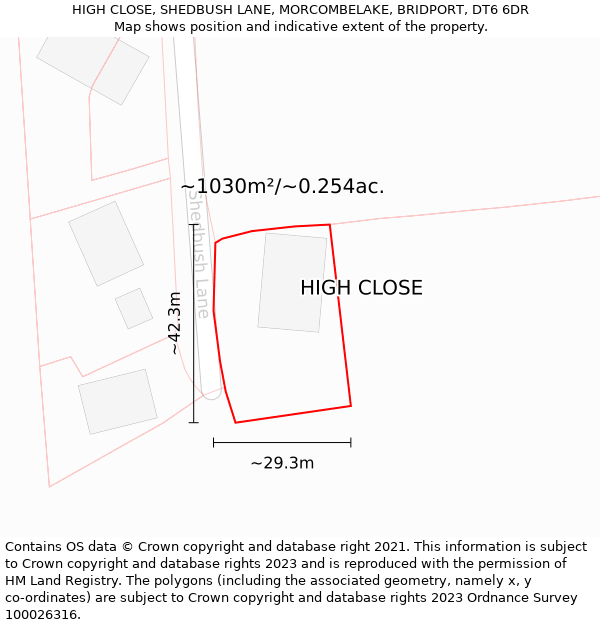 HIGH CLOSE, SHEDBUSH LANE, MORCOMBELAKE, BRIDPORT, DT6 6DR: Plot and title map