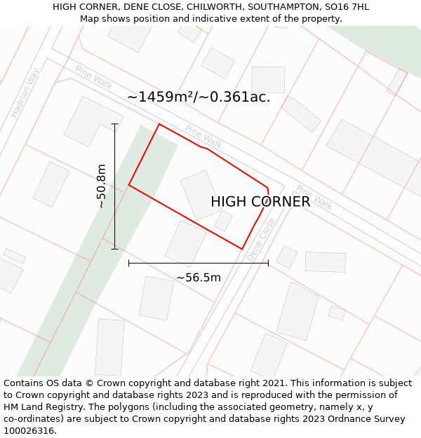 HIGH CORNER, DENE CLOSE, CHILWORTH, SOUTHAMPTON, SO16 7HL: Plot and title map