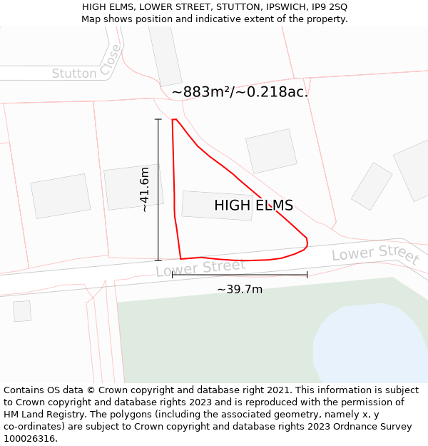 HIGH ELMS, LOWER STREET, STUTTON, IPSWICH, IP9 2SQ: Plot and title map