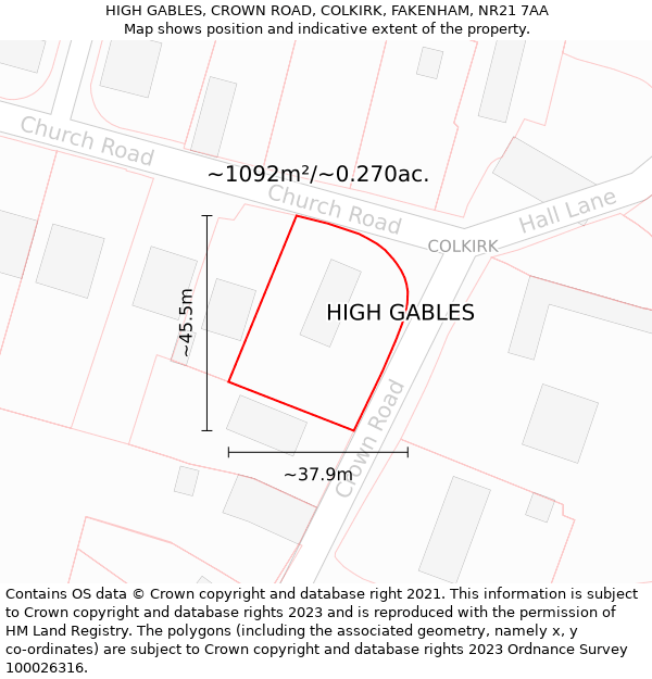 HIGH GABLES, CROWN ROAD, COLKIRK, FAKENHAM, NR21 7AA: Plot and title map