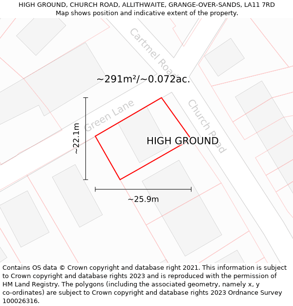 HIGH GROUND, CHURCH ROAD, ALLITHWAITE, GRANGE-OVER-SANDS, LA11 7RD: Plot and title map