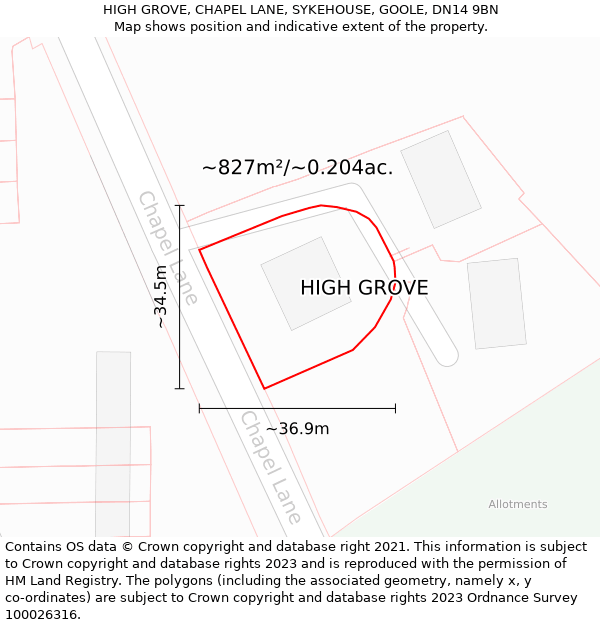 HIGH GROVE, CHAPEL LANE, SYKEHOUSE, GOOLE, DN14 9BN: Plot and title map