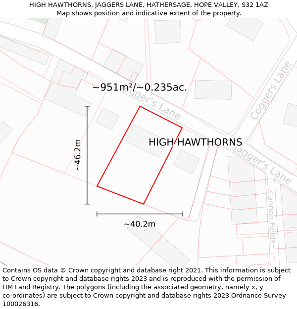 HIGH HAWTHORNS, JAGGERS LANE, HATHERSAGE, HOPE VALLEY, S32 1AZ: Plot and title map