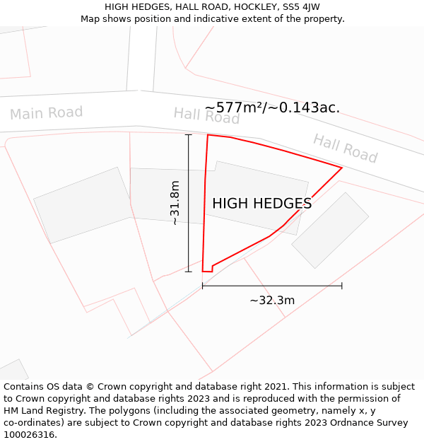 HIGH HEDGES, HALL ROAD, HOCKLEY, SS5 4JW: Plot and title map