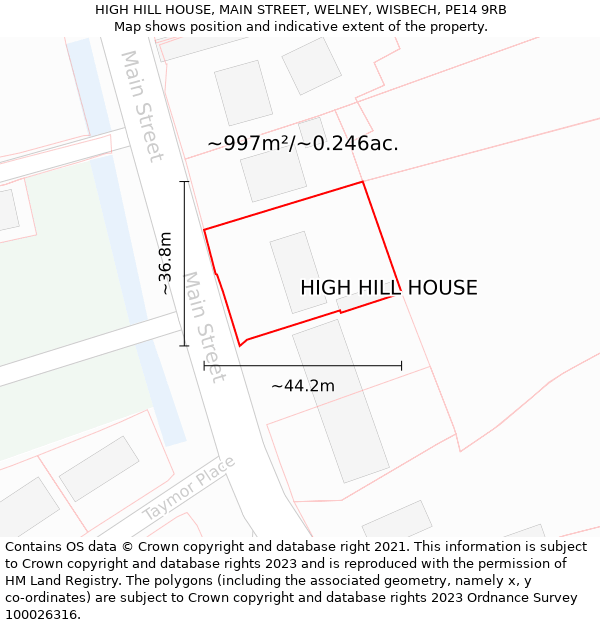 HIGH HILL HOUSE, MAIN STREET, WELNEY, WISBECH, PE14 9RB: Plot and title map