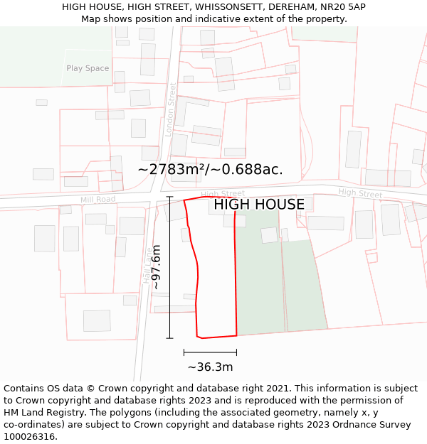 HIGH HOUSE, HIGH STREET, WHISSONSETT, DEREHAM, NR20 5AP: Plot and title map