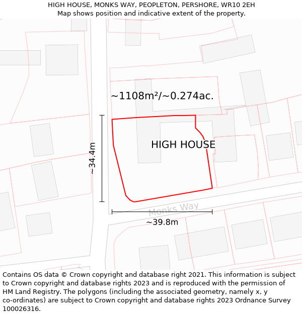 HIGH HOUSE, MONKS WAY, PEOPLETON, PERSHORE, WR10 2EH: Plot and title map