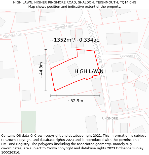 HIGH LAWN, HIGHER RINGMORE ROAD, SHALDON, TEIGNMOUTH, TQ14 0HG: Plot and title map